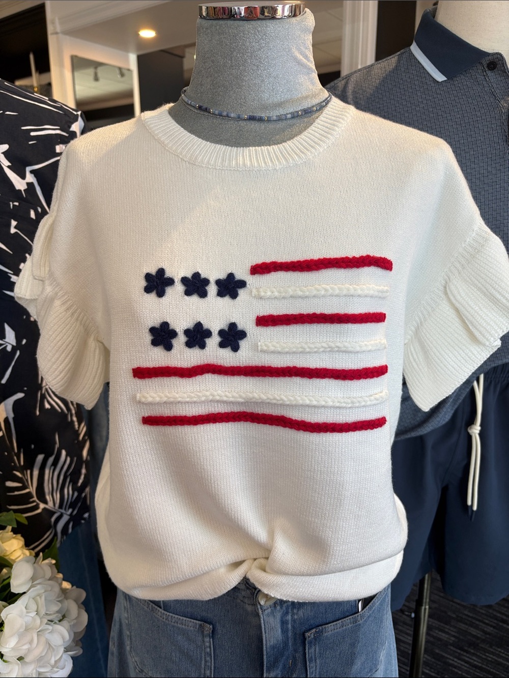 White Short-Sleeve Knit Sweater with Red & Navy Stripe Detail